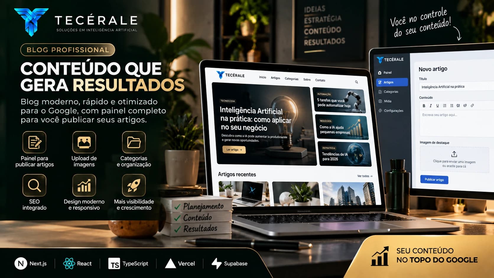 Blog profissional otimizado para SEO com painel de publicação
